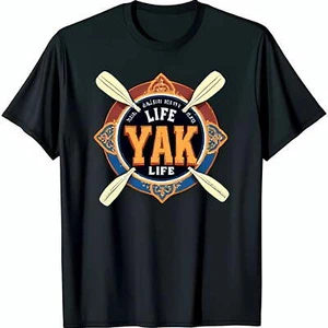 Men's Black T-Shirt with Bold YAK Intersecting Oars & Vibrant Circular Design - Picture 1 of 4