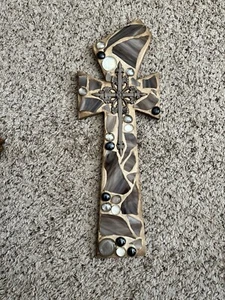 Wood Mosaic Wall Cross Spiritual 1990 Vintage RARE - Picture 1 of 11