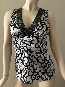 bebe Black/Gray Artsy Scroll w/Pleated Waist Silk Blend Sequin Halter Top Size M - Picture 1 of 8