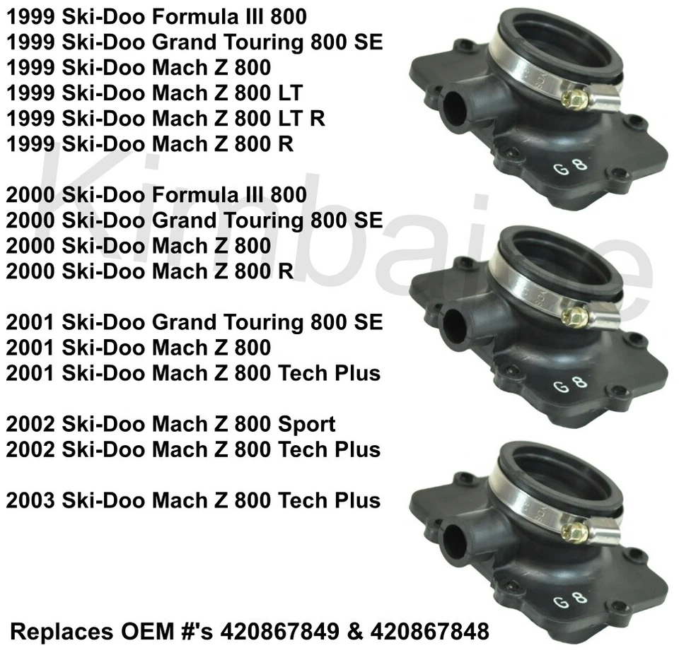 Ski Doo Formula III 800 Mach Z 1999-2003 y 3 bridas de bota de admisión de carburadores enumeradas Foto 1 de 1