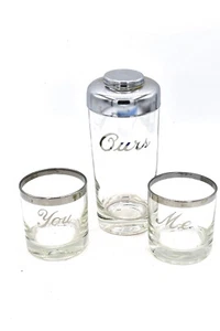 Vintage Queen's Lusterware You Me Ours Hochzeit Glas Cocktail Set MCM Bar Ware - Bild 1 von 3