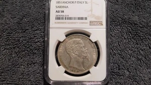 Italy Sardinia 1851 P 5 Lire Anchor NGC AU58 POP 2/3 CAT $2,600 MS60 Lustrous! - Picture 1 of 9