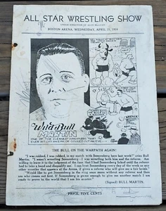 APRIL 25 1934 ALL STAR WRESTLING SHOW PROGRAM-BOSTON ARENA-WILD BULL MARTIN-RARE - Picture 1 of 3