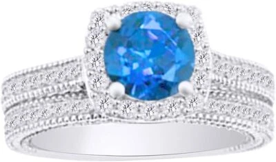 Solitaire Style Engagement Ring Set Simulated Blue Topaz & CZ in 14K Gold - Image 1 of 4