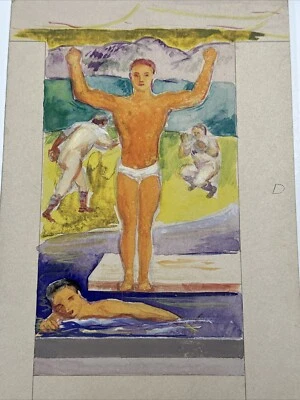 Jo Cain PAINTING ANTIQUE WPA MURAL STUDY LISTED AMERICAN REGIONALISM MAN MEN - Image 1 of 4