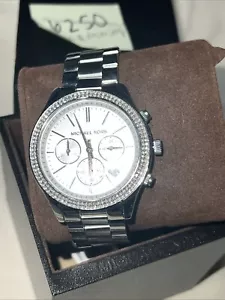 New Michael Kors Ladies MK6250 Silver Dial Chronograph Crystals Cz Bling - Picture 1 of 5