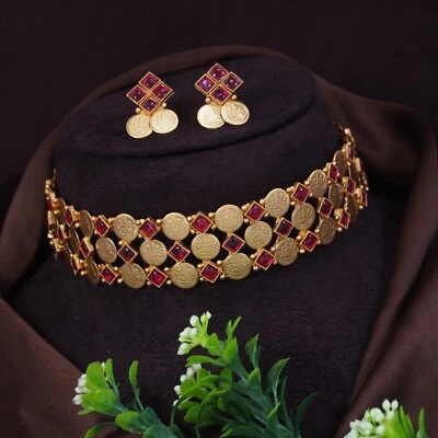 Conjunto de gargantilla collar templo chapado en oro joyería sur de Bollywood indio Foto 1 de 4