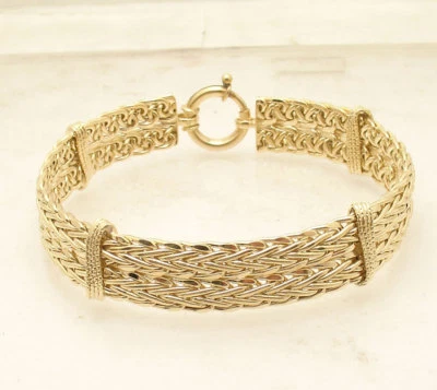 8" Unique Double Row Wheat Spiga Bracelet Spring Ring Lock Real 14K Yellow Gold  - Image 1 of 4