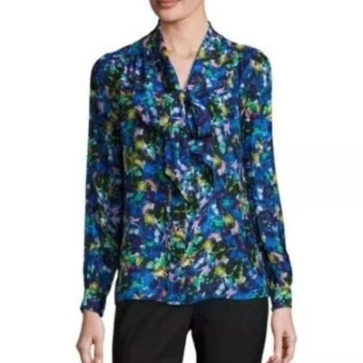 MILLY Silk Jewel-Print Tie-Neck Blouse  blue multicolor Size 4 Small - Image 1 of 4