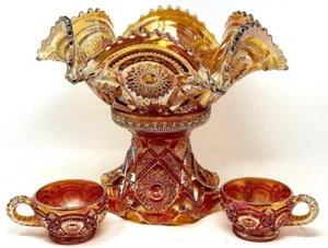 VTG Imperial Hobstar & Arches Ruffled Marigold Carnival Glass Punch Bowl 3 Cups - Picture 1 of 10