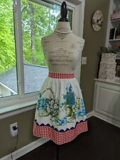 KITCHEN APRON from VTG Tablecloth w/"TURQUOISE-AQUA" Floral Baskets/Red Gingham
