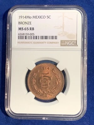MEXICO ESTADOS UNIDOS 1914  5 CENTAVOS COIN NGC CERTIFIED UNCIRCULATED MS65-RB - Image 1 of 2
