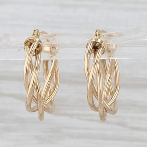 Woven Twist Hoop Earrings 18k Yellow Gold Round Hoops Snap Top Posts - Picture 1 of 6