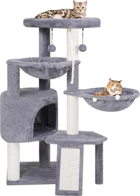 Katzenbaum mit Katzenhütte und Zwei Hängematten Grau Für 2 Katzen Geeignet - Bild 1 von 4