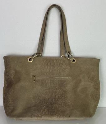 Vera Pelle Large Tote Leather and Suede Crocodile Embossed Bag Purse Tan GUC - Image 1 of 4