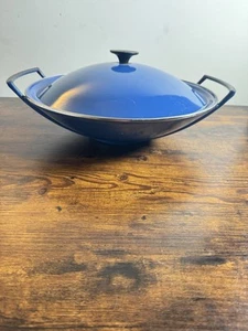 Vintage Le Creuset Blue Cast Iron Wok 37cm With Lid - Picture 1 of 8