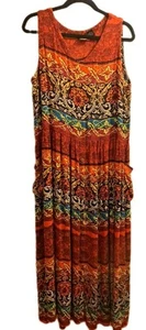 Bila Vtg Sleeveless Maxi Dress Womens L Tropical Red Crinkle Floral Boho Peasant - Picture 1 of 7