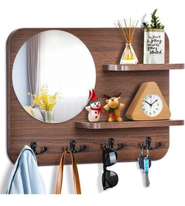 Perchero rústico montado en la pared con espejo y ganchos, 16’‘x12’’ (marrón) - Imagen 1 de 14
