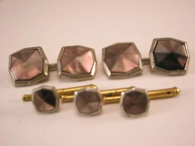 White Gold Plated Double Sided Vintage Formal Cuff Links & Shirt Tux Studs o14 - Image 1 of 4