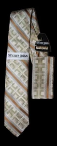 Stacy Adams Green Cream Gold Striped Designs Tie Set Tie Pocket Square 3.5" - Picture 1 of 2