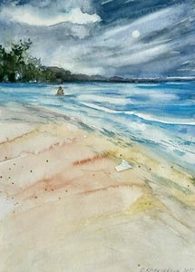 Original watercolor seascape A4 Relaxing on the beach swimming in the sea - Picture 1 of 6