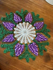 Vintage Hand Crocheted Doily Purple Grapes on Green & White 16” - Picture 1 of 2