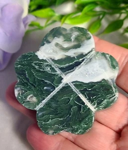 2" 65g Lucky Green Moss Agate Four Leaf Clover Crystal Carving Luck Of The Irish - Picture 1 of 6