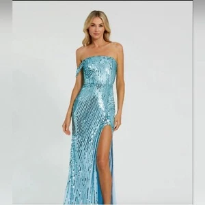 Neu mit Etikett Mac Duggal Kleid 2 schulterfrei Netz Pailletten Schlitz aquablau Kleid - Bild 1 von 12