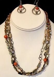 Silpada Fiesta Fun Coral & Abalone Sterling Silver Necklace & Earrings Set