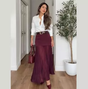 ZARA women's Burgundy High-Waisted Pleated Skirt NWT - Picture 1 of 11