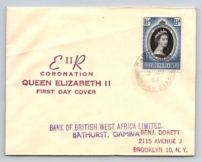 1953 FDC Reina Isabel II Banco de África Occidental Británica Bathurst Gambia a Nueva York Foto 1 de 2