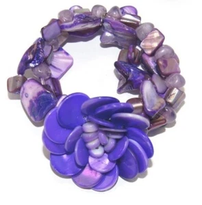 Vintage lila gefärbtes Perlmutt Blume 3-Strang elastisches Armband - Bild 1 von 11
