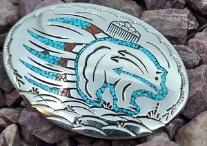 Awesome William Singer Chip Inlay Sterling Silver Turquoise Coral Navajo Buckle - Picture 1 of 10