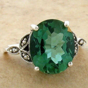 VICTORIAN STYLE 925 STERLING SILVER SIMULATED GREEN TOURMALINE PEARL RING #749 - Picture 1 of 2
