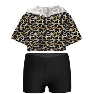 Kids Girls Hooded Leopard Print Tracksuit Golf Clothes Crop Top Workout Shirts