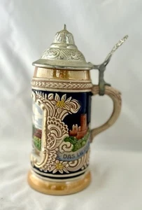 Taza Stein cerveza con tapa de peltre alemana DBGM de colección Alemania Furth-Rathaus “Ayuntamiento” - Imagen 1 de 9