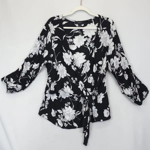 Forever 21 Wrap Top Women 2X Black White Floral Tie Waist Long Sleeve Blouse - Picture 1 of 11