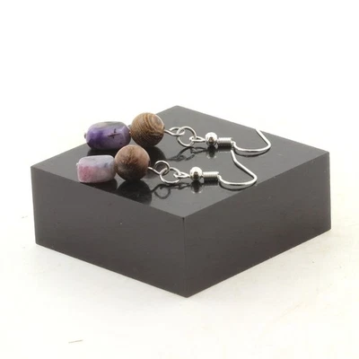 Steine Und Mineralien. Ohrringe 2 Perlen Charoit Aus Russland + Holz 8 Mm - Bild 1 von 2
