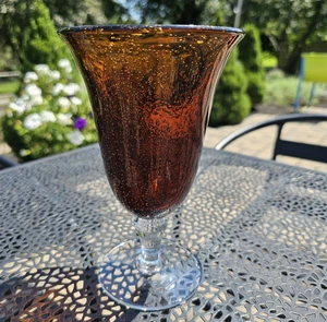 ARTLAND "Iris" Amber Hand Blown Glass Iced Tea Goblets Bubble Glass Clear Stem - Picture 1 of 10