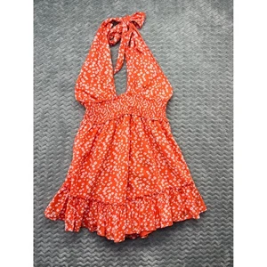 Aerie Find Happy Ever Orange Floral Halter Tie Mini Dress Smocked Ruffle - Picture 1 of 8