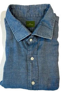 SID MASHBURN Men's Blue Chambray Linen Blend Spread Collar Long Sleeve Shirt L - Picture 1 of 6
