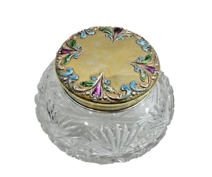 FINE ANTIQUE AMERICAN STERLING SILVER ENAMEL / ABP CUT GLASS CRYSTAL DRESSER JAR - Picture 1 of 19