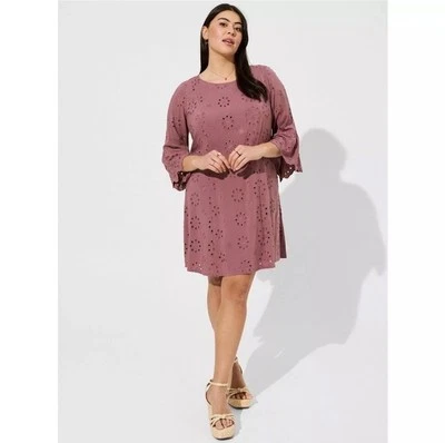 NWT Torrid Mini Challis Eyelet Drop Waist Dress In Rose Taupe Size: 1X (14-16) - Image 1 of 4