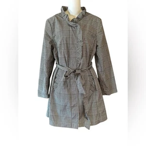 Talbots Women’s Size 8 Houndstooth Black and White Ruffled Belted RainCoat - Picture 1 of 8