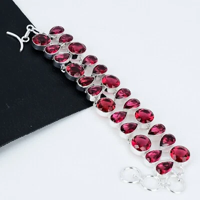 Rubellite Bracelet Pink Rubellite Gemstone Handmade 925 Sterling Silver Bracelet — 第 1/4 张图片