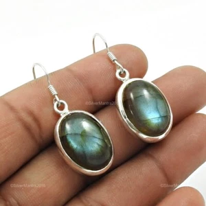 Blue Fire Labradorite Gemstone 925 Silver Anniversary Gift Elegant Earrings - Picture 1 of 8