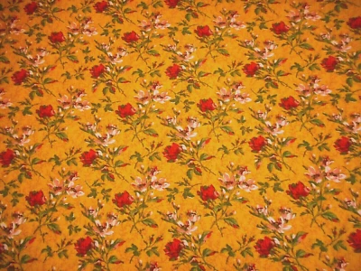Floral Fabric 1 7/8 Yard SALE Red Rose Pink Floral Grn on Dk Gold Cotton Vtg #PC - Image 1 of 2