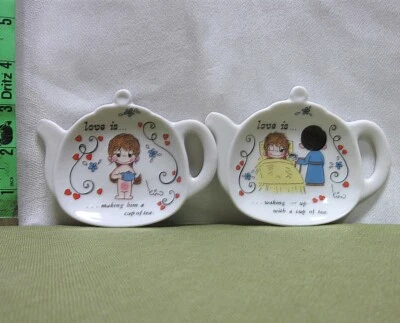 LOVE IS comic-strip Kim Grove vtg porcelain trays 2 two set 1972 tea-spoon dish - Image 1 of 3