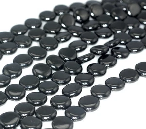 10MM BLACK JET GEMSTONE FLAT ROUND BUTTON LOOSE BEADS 16inch - Picture 1 of 5