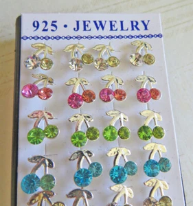 Pretty 20 Pairs of 925 Silver Stud Earrings, Cherries Various Colours Stones-1cm - Picture 1 of 5